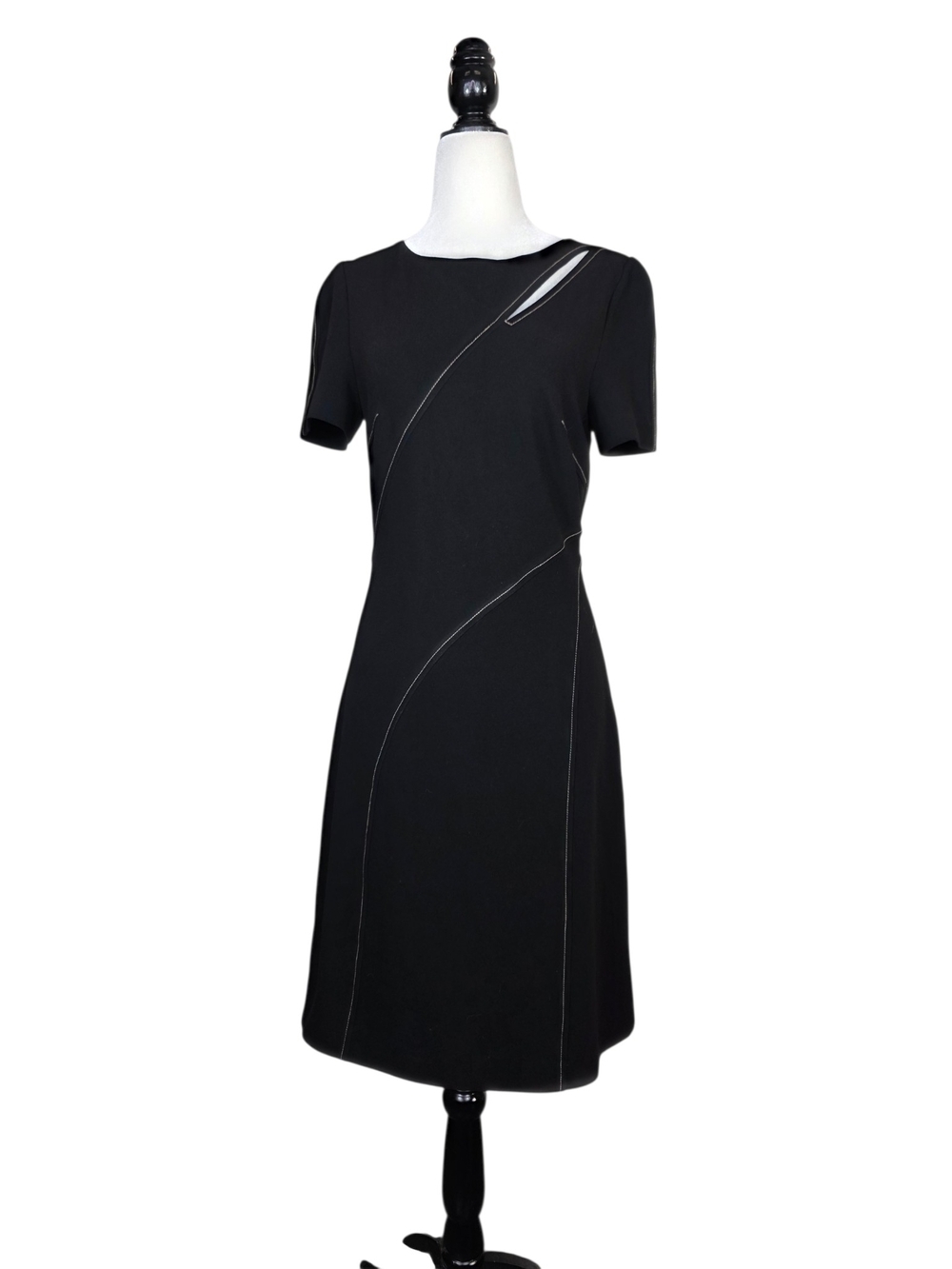 Judith & Charles Minimalist Black Short-Sleeve Midi Dress with Asymmetric Cutout